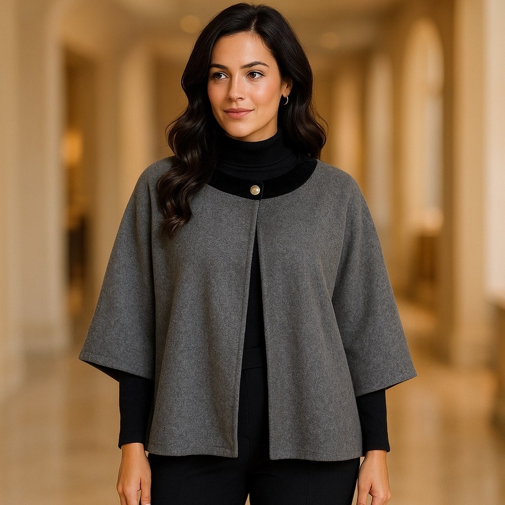 JM Collection 100% Wool Cape Sweater Jacket Gray Black Velvet Trim Button‎ XL